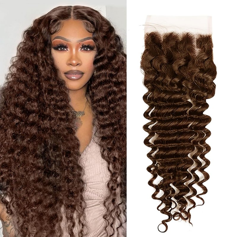 Brown Deep Wave Closure - 4x4 Transparent Lace Closure | 14-Inch Dark Brown Virgin Hair with Pre-Plucked Baby Hairs