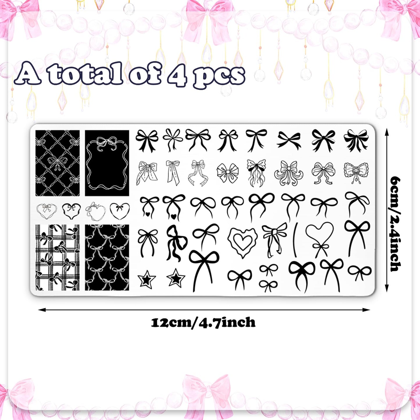 JarThenaAMCS 4Pcs Bow Nail Plates Stamping Set Heart Bear Bowknot Stamp Templates Nail Art Plates for Coquette DIY Print Manicure Salon Design