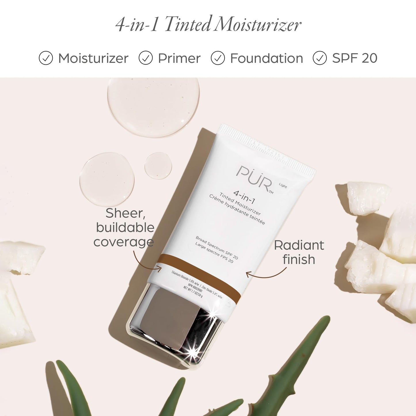 PÜR MINERALS 4-in-1 Tinted Moisturizer with SPF 20 - Hydrating Skin Tint Face Moisturizer, Primer & Foundation with Shea Butter, Aloe Vera & Vitamin B3 - Vegan Friendly, Paraben Free (Dark Almond)