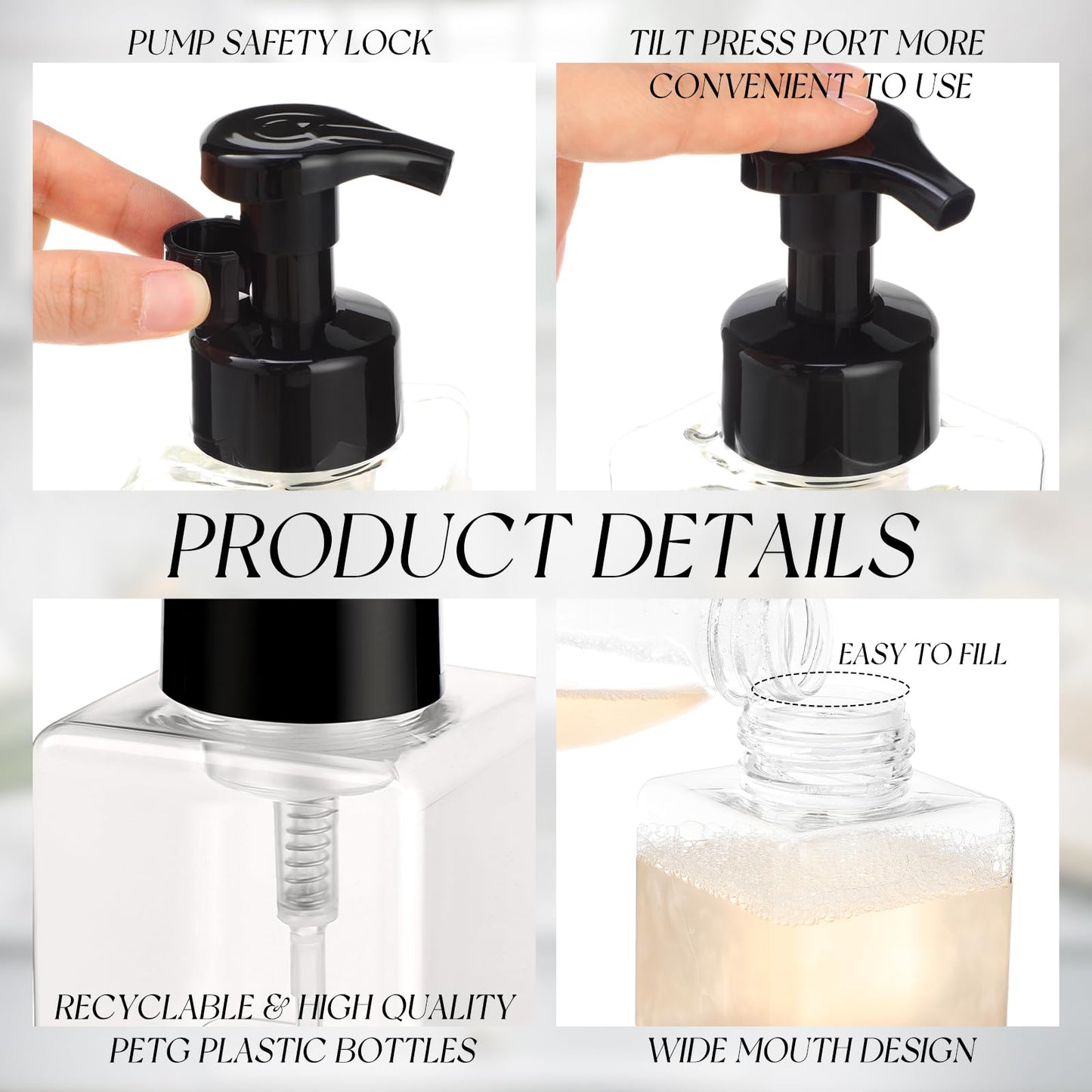 Domensi 24 Pcs Black Foaming Soap Dispenser 8.5 oz Foam Pump Bottle Empty Travel Foaming Dispenser Refillable Hand Soap Plastic Pump Bottle Travel Clear Container for Bathroom Vanities