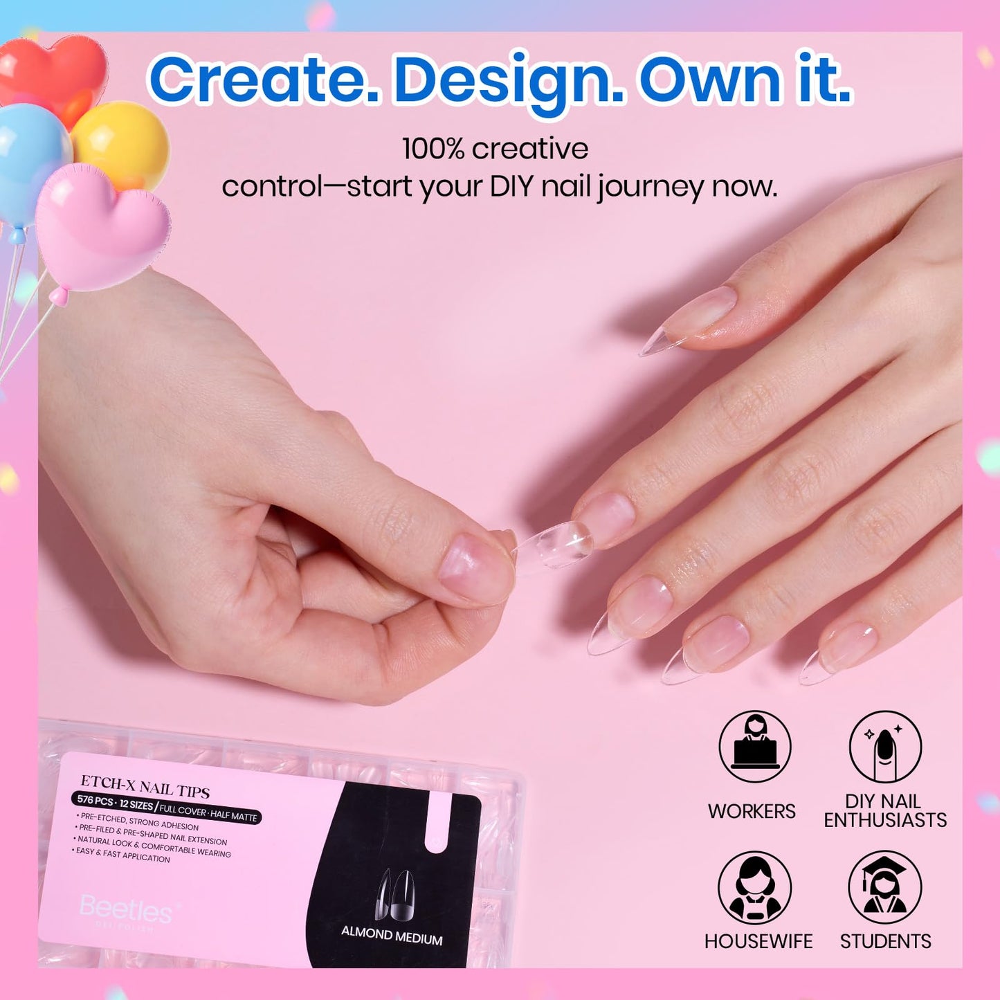 Beetles Medium Almond Nail Tips 576pcs 12 Sizes, Pre-Etched Soft Gel Tips Half Matte Full Cover Press on False Nail Tips Clear Acrylic Nails DIY Extension Gift for Women