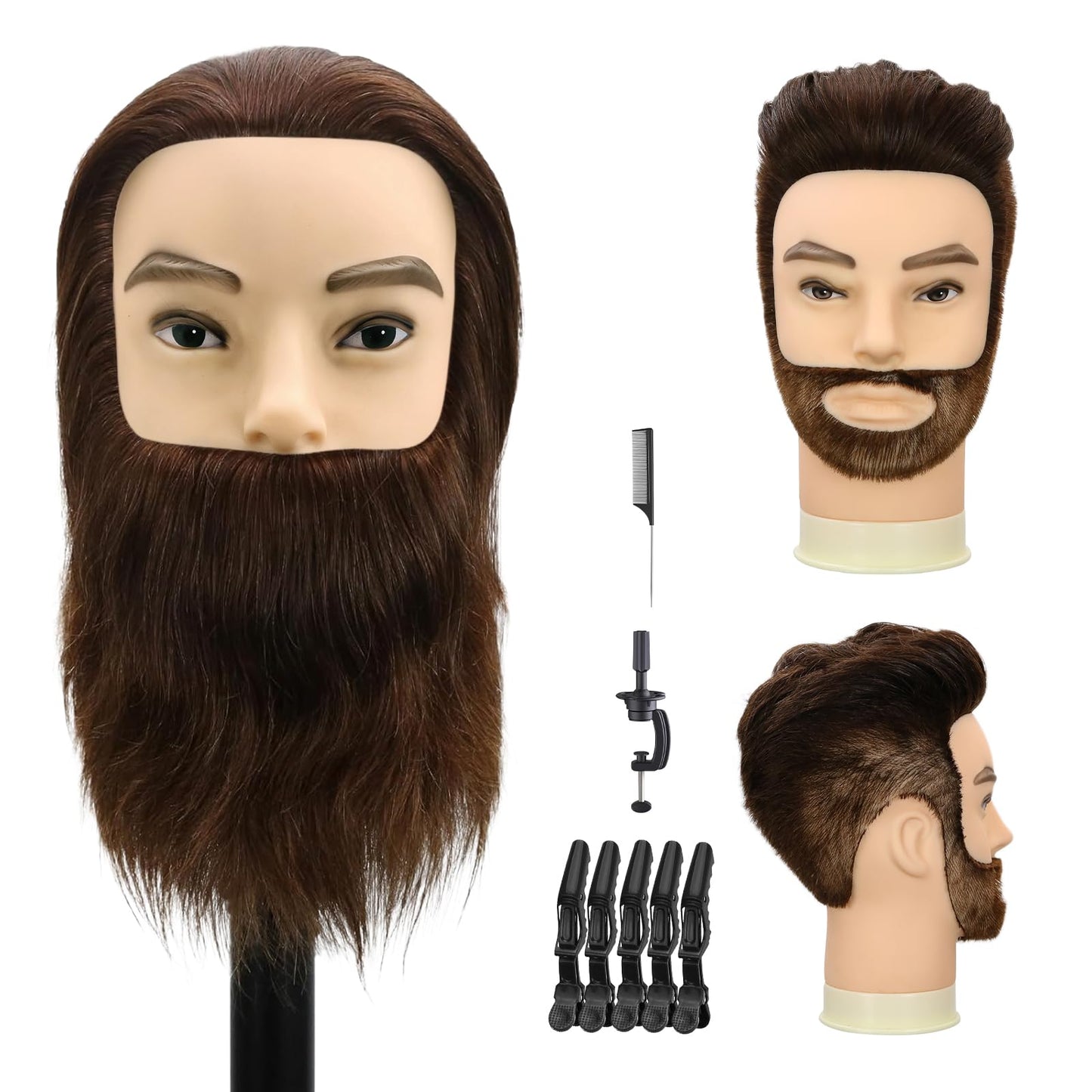 Male Mannequin Head,Training Head with 100% Human Hair 12inch Barber Mannequin Head Male Mannequin Head With Beard for Hair Styling, Practicing Cut Styling（With Beard, Brown）