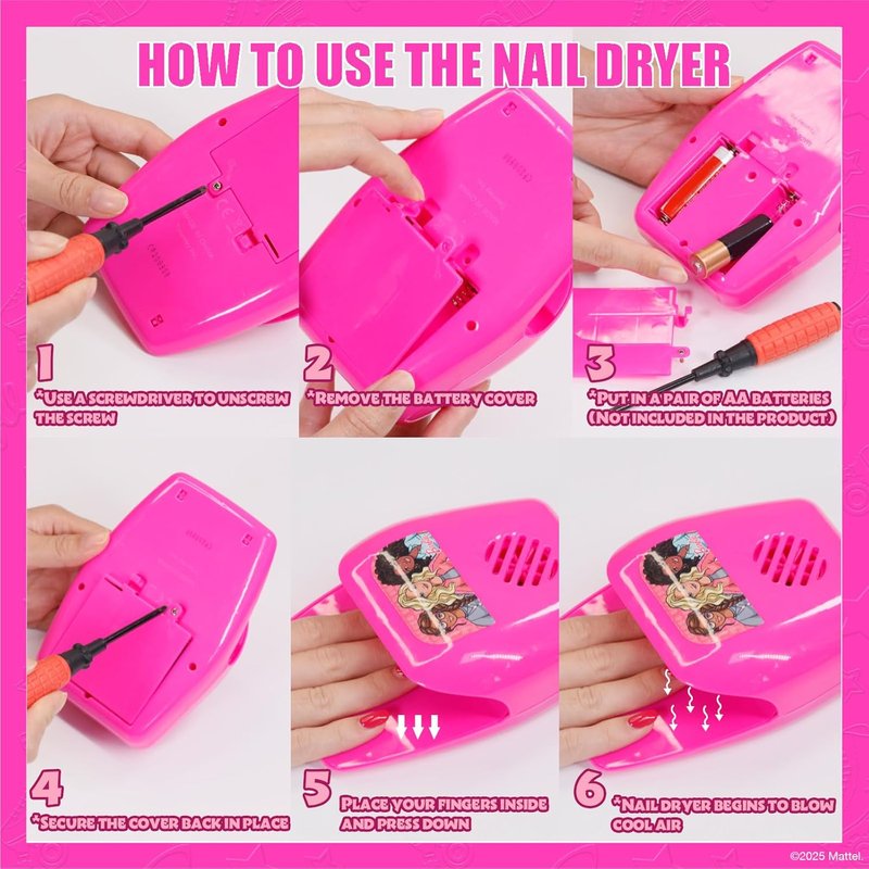 Barbie Non-Toxic Peel-Off Nail Polish Set for Kids - Safe Water-Based Formula | Includes Nail Dryer, Ages 3+