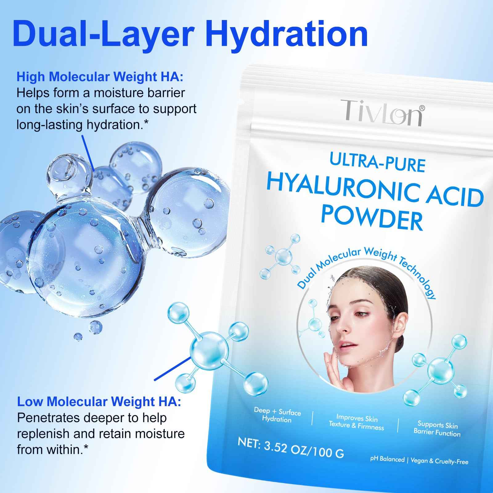 2pack Hyaluronic Acid Powder for Skin, Dual Molecular Weight Hyaluronic Acid Serum Powder, Skin Hydration, Reduce Wrinkles, Improve Skin Elasticity for DIY Serums, 200g