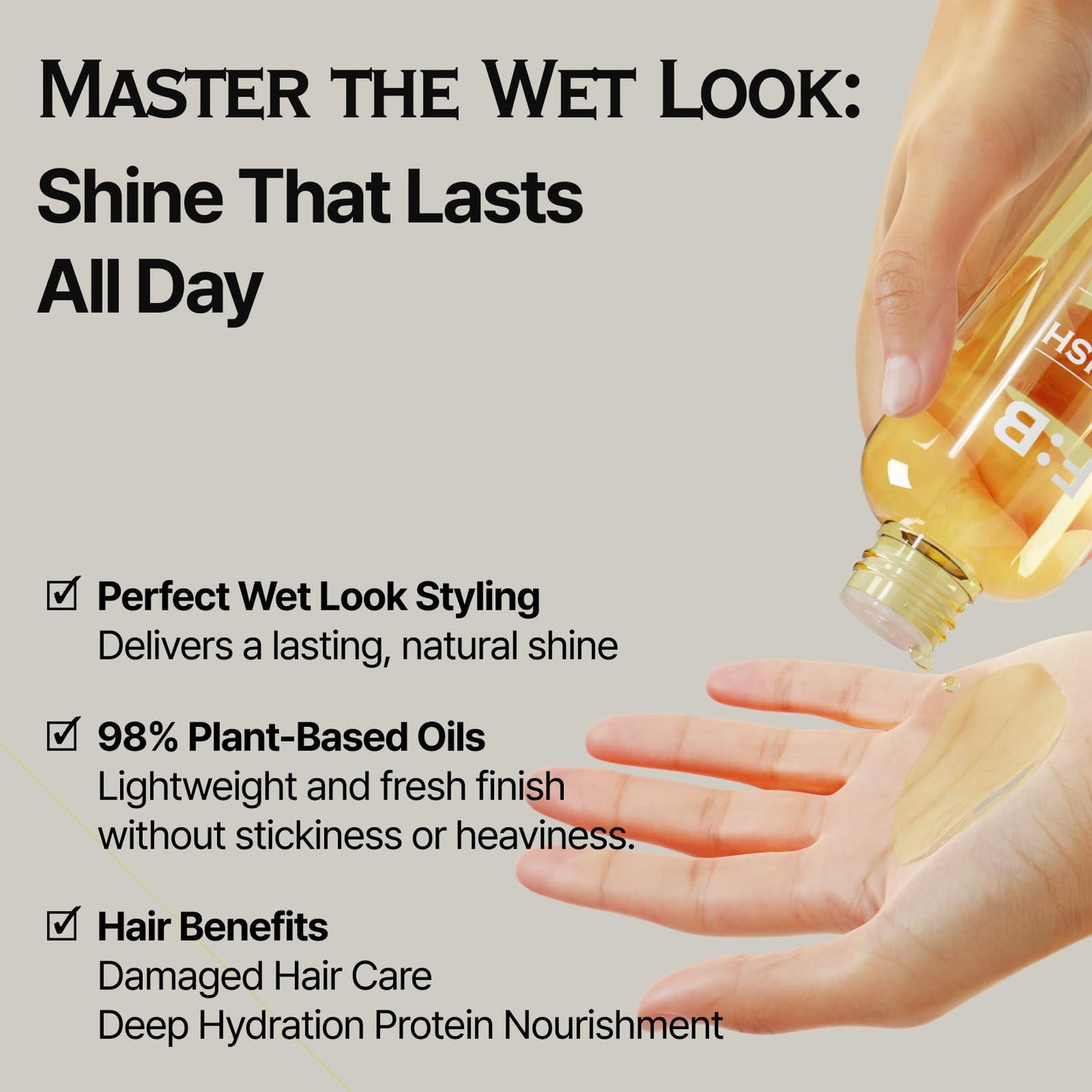 [Forbeaut] Wet Hair Polish Oil - Deep Hydration, Sleek Wet Look & Natural Lift, Lightweight Hold, Long-Lasting Texture, Plant-Based Formula, Damaged Hair Care, Woody Citrus Scent, 160ml / 5.4 fl.oz