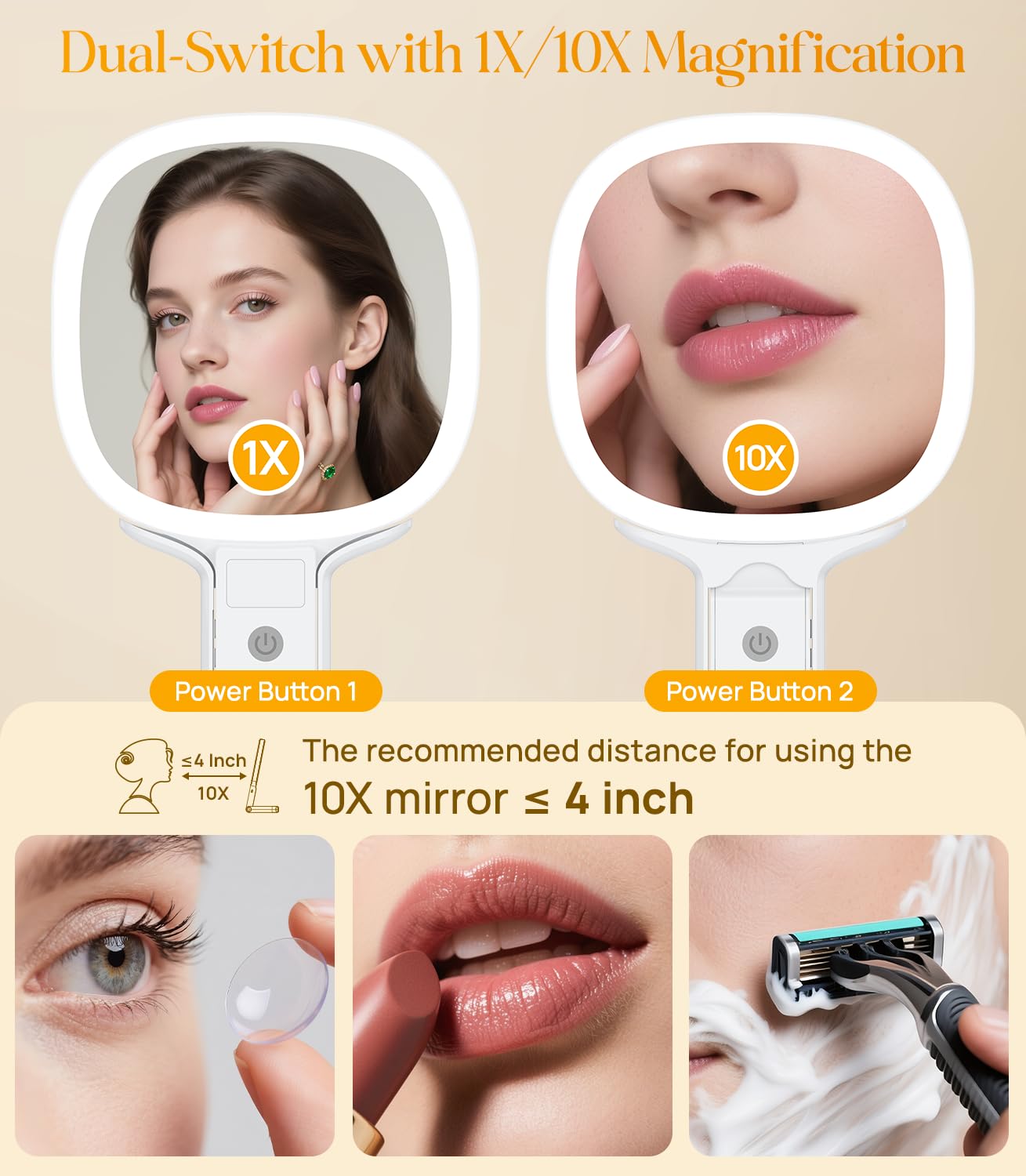 Gospire 6.8" Travel Vanity Mirror, 3-in-1 Hanging/Handheld/Desktop Use with Dual-Side Buttons, 1X/10X Magnification, 3-Color Dimmable LED, Auto Memory + Velvet Pouch (White)