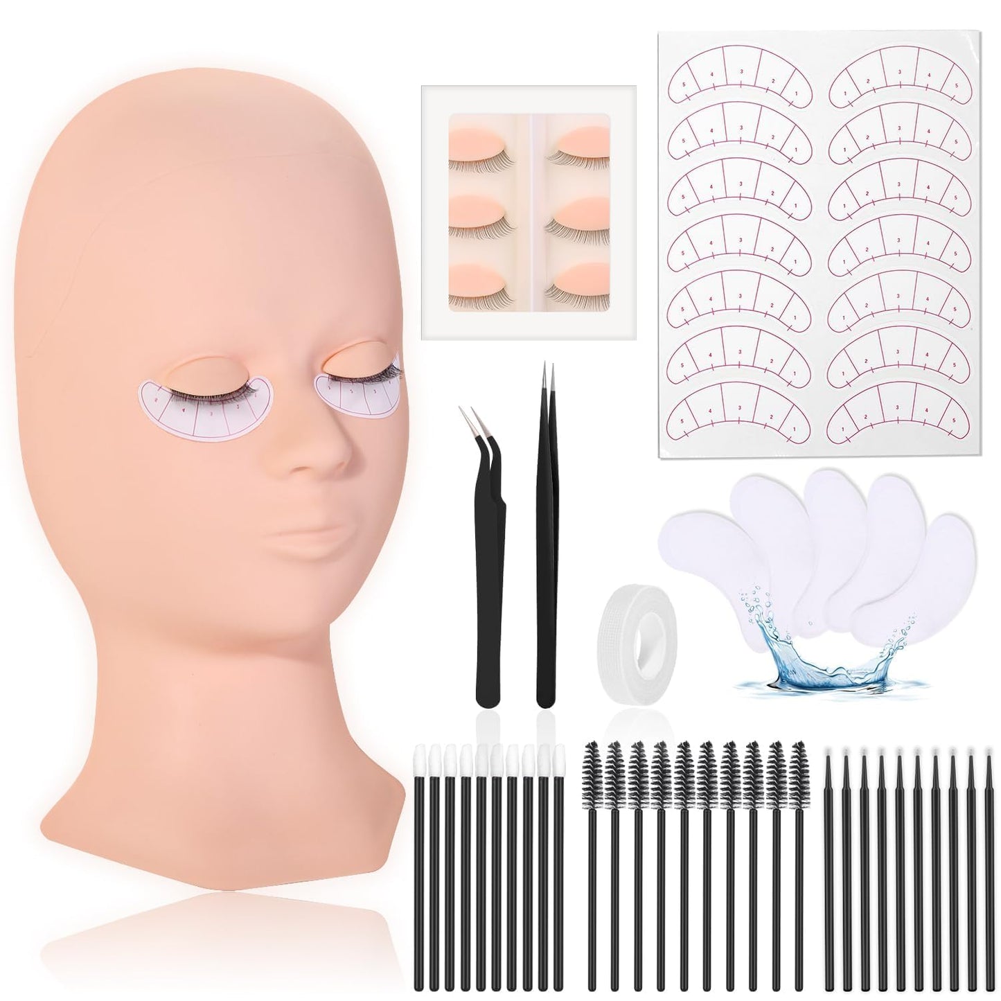 Lash Extension Practice Kit, Eyelash Extension Training Kit for Beginners, Professional Eyelash Mannequin Head Set with Lash Fan, Lash Shampoo, Glue Rings and Lash Mirror (Lashes Kit-with eye)