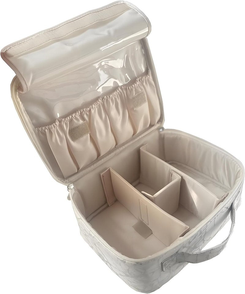 Multifunctional Travel Makeup Bag - Waterproof Cosmetic Organizer with Removable Dividers & Brush Holder | Large Capacity Toiletry Pouch for Women (White Marble)