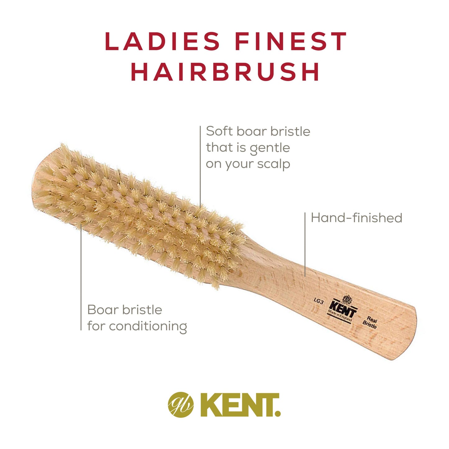 Kent LG3 Finest Hair Brushes for Women - Natural Beechwood and Boar Bristle Narrow Hairbrush for Fine or Medium Thickness Hair All Lengths - Dry Brush for Styling, Straightening, and Stimulating Oils…