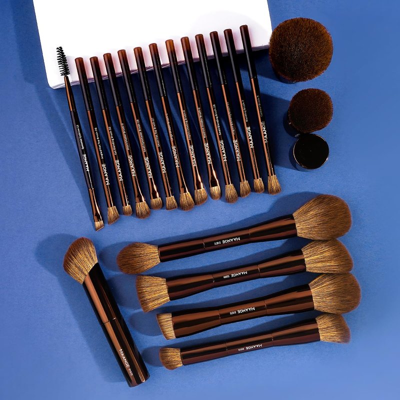 20 PCS Foundation Makeup Brush Set - Double-Ended Kabuki Brushes for Liquid & Powder | Brown Blending Tools