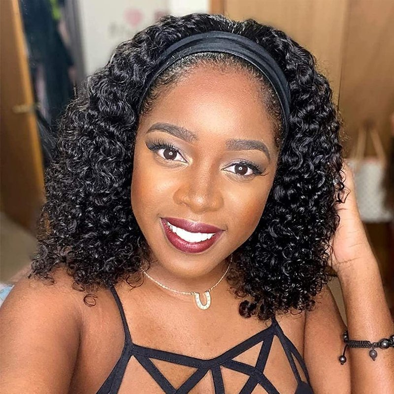 NICMISS Deep Wave Headband Wig Human Hair 12 Inch Curly Headband Wigs for Black Women Human Hair Glueless None Lace Front Wig Brazilian Virgin Hair Wear and Go Wigs 150% Density Natural Black Color