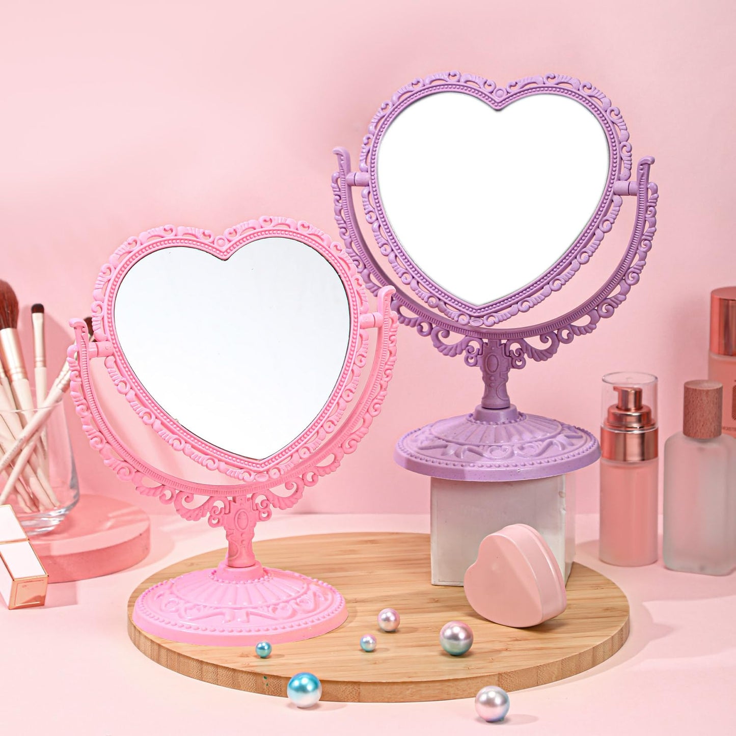 Lineshading 8 Pcs Heart Mirror Purple Pink Heart Shaped Mirror Spa Party Supplies for Girls Makeup Spa Birthday Party Favors