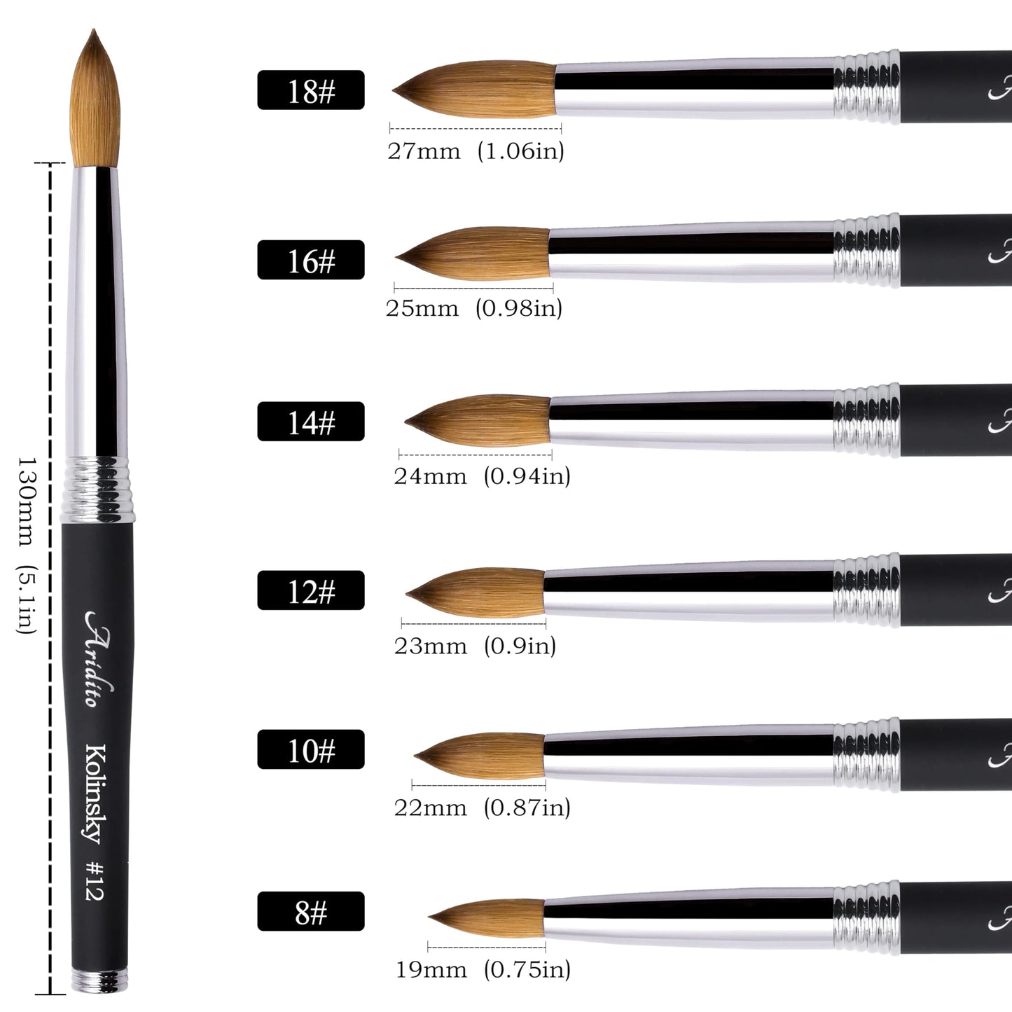Aridito 100% pure Kolinsky Round Head Acrylic nail art brush black metal handle for Professional Manicure DIY Home Salon（#12#14#16#18） (#16)