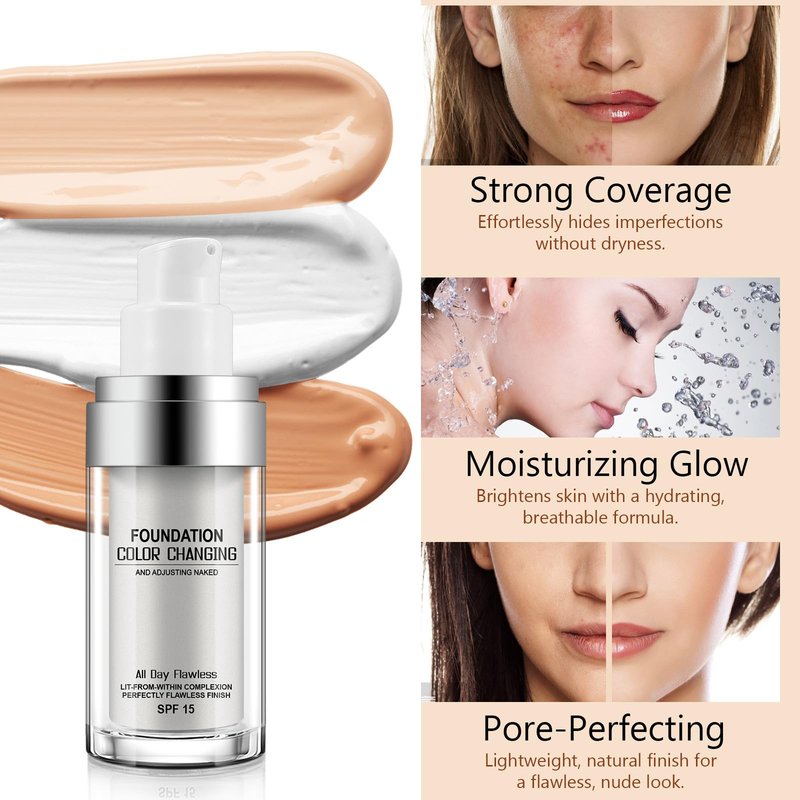 Concealer Cover Cream, Flawless Colour Changing Warm Skin Tone Foundation Makeup, Base Nude Face Liquid Cover Concealer (2 pcs)