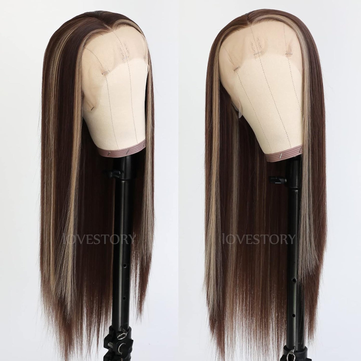 Brown Hair Highlights Lace Front Wig - Long Straight Synthetic Hair, Heat Resistant | 13x3 Size