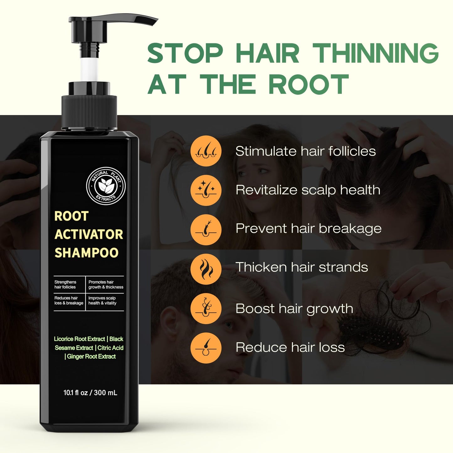 Root Activator Shampoo for Hair Growth - Natural Formula DHT Blocker with Fo-Ti Root and Ginger to Strengthen Follicles, Shampoo for Man & Women to Thinning and Lost Hair
