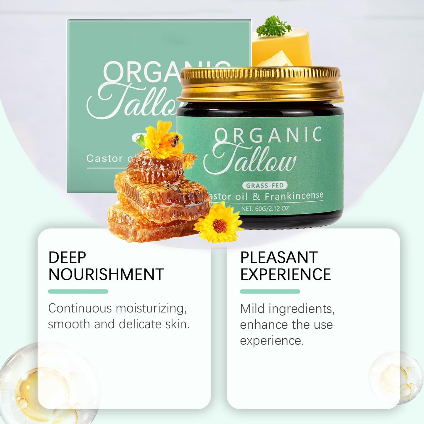 KBSBUBB Organic Tallow Balm with Castor Oil & Frankincense for Natural Skincare & Moisturizing, Tallow Cream Castor Oil and Frankincense