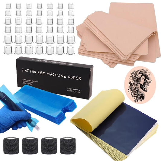 569Pcs Tattoo Skin Practice Kit - SOTICA Professional Kits Include 15 Fake Skin 50 Tattoos Stencil Paper 200 Machine Pen Covers 300 Mixed Ink Caps 4 Grip Tapes Tattoo Gun Kit for Beginners & Artists