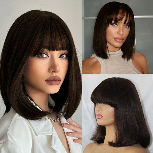 Savasana Bob Wigs for Black Women Human Hair Straight Brown Bang Wigs Glueless 10 Inch