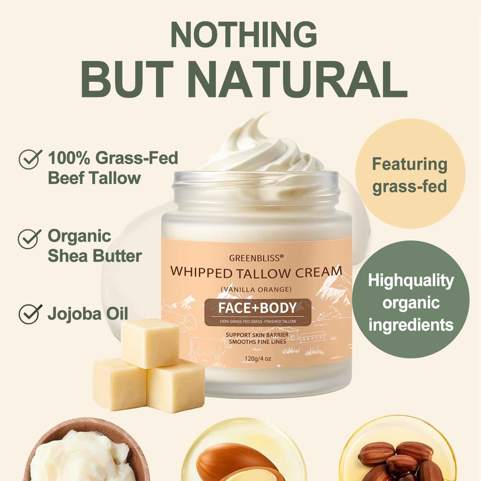 GreenBliss Beef Tallow for Skin Care 100% Organic Grass Fed tallow and honey balm - Face + Body, Whipped Moisturizer for Sensitive Skin, Natural Deep Hydration, Sensitive Skin Safe, 120G/4 FL. oz.