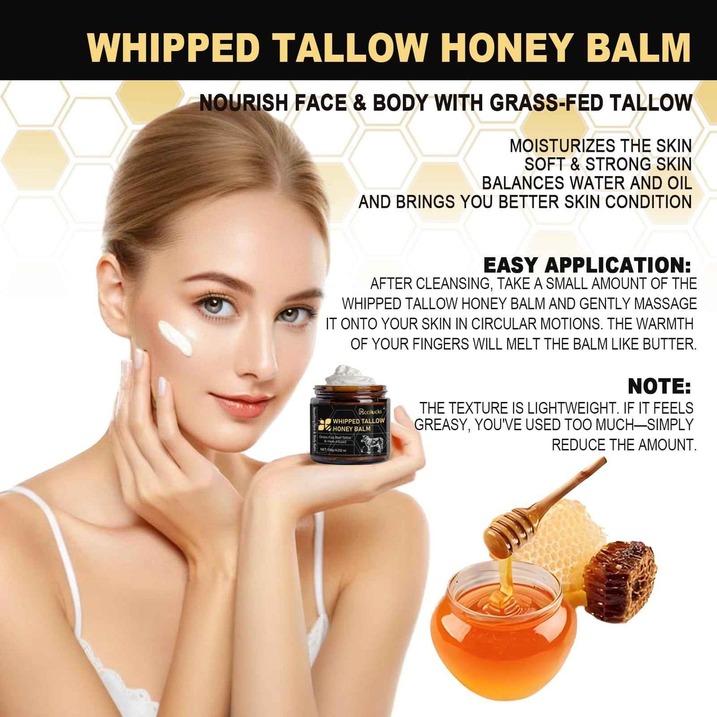 Rccilucki Whipped Tallow Honey Balm for Face & Body – Grass-Fed Whipped Beef Tallow Moisturizer 4.23oz | Organic Tallow Balm with Raw Honey, Vitamin E | Non-Greasy Formula