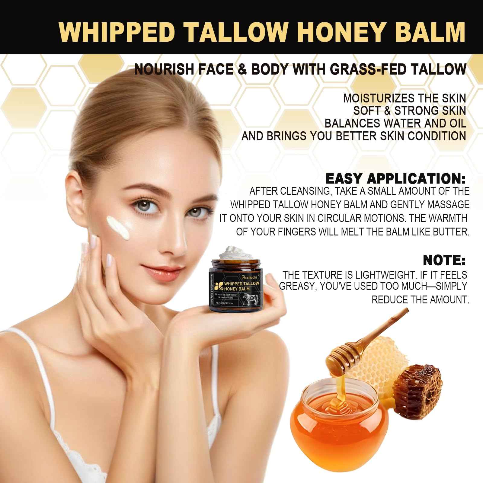 Rccilucki Whipped Tallow Honey Balm for Face & Body – Grass-Fed Whipped Beef Tallow Moisturizer 4.23oz | Organic Tallow Balm with Raw Honey, Vitamin E | Non-Greasy Formula