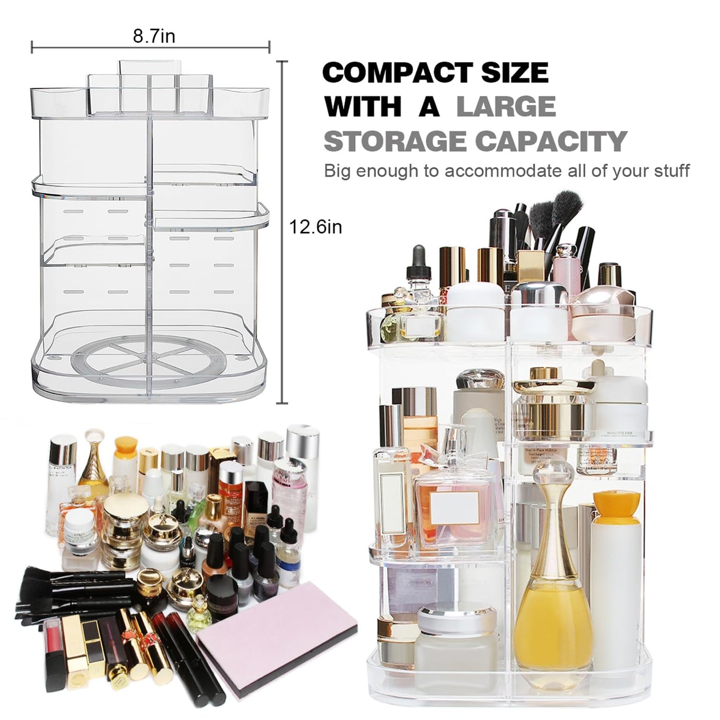 AMEITECH 360-Degree Makeup Organizer, DIY Adjustable Rotating Cosmetic Storage Carousel Spinning Holder Storage Rack with 5 Layers Large Capacity, Best for Countertop, Square