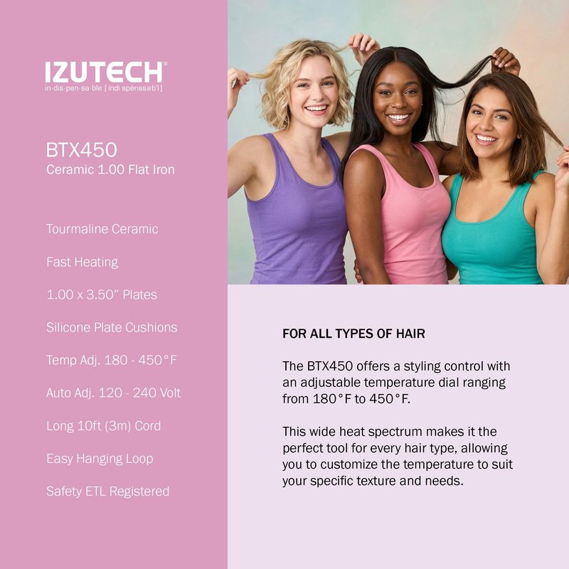 IZUTECH BTX450 1 Inch Tourmaline Ceramic Flat Iron Hair Straightener, Professional Salon Negative Ion Straightener with Adjustable Temperature for All Hair Types, Anti-Frizz High Shine, Pink