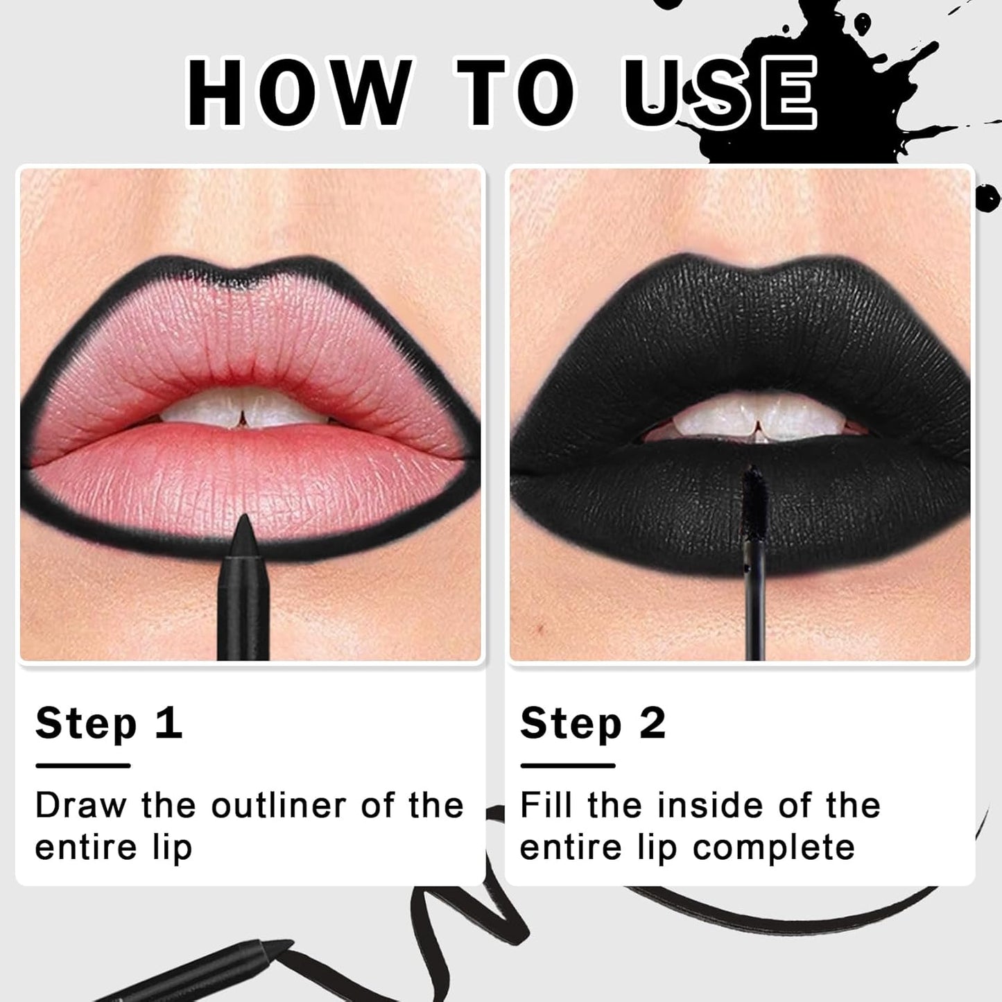 Black Matte Lipstick Set - 3PCS Lip Liner & Liquid Eyeliner Stamp | Long-Lasting Smudge-Proof for Halloween & Goth Makeup
