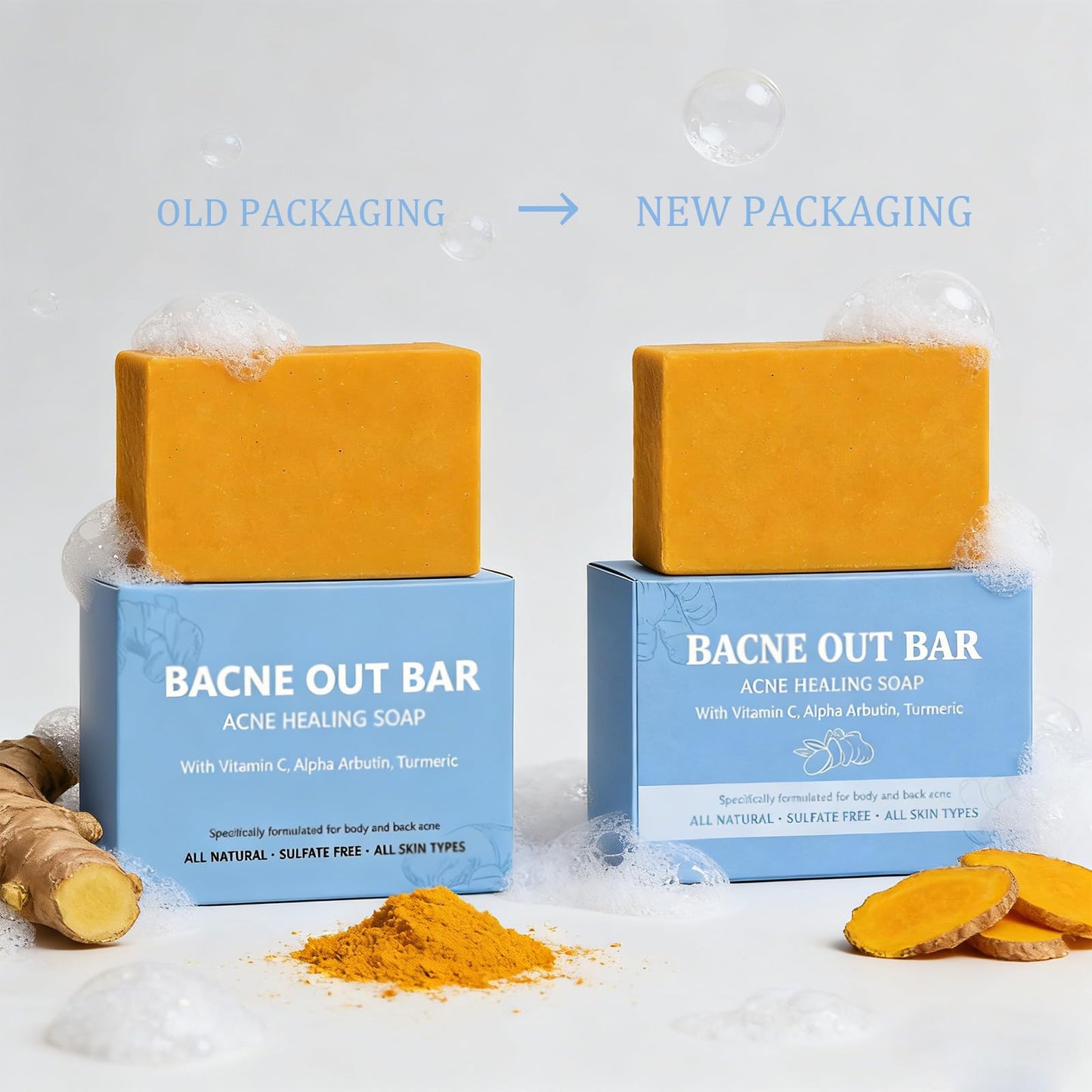 PARWENE Bacne Out Bar, Acne Healing Soap with Turmeric Vitamin C & Alphaarbutin, Natural Exfoliating Cleanser for Back, Face, Chest, Shoulders (1)