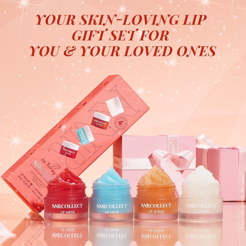 ANRCOLLECT Lip Scrub and Lip Mask Set- Lip Treatment Care Kit with 2 Lip Exfoliator Scrub & 2 Lip Butter Mask, Intense Hydration Set for Dry Chapped Cracked Lips (4 Pack), Valentines Day Gifts