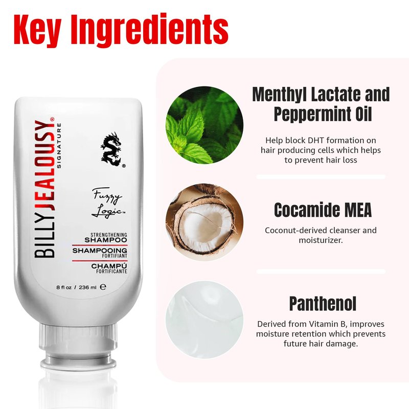 Billy Jealousy Fuzzy Logic Strengthening Mens Shampoo, Adds Volume, Prevents Hair Loss, Promotes Circulation & Healthy Growth, Peppermint Scent, 8 Fl Oz