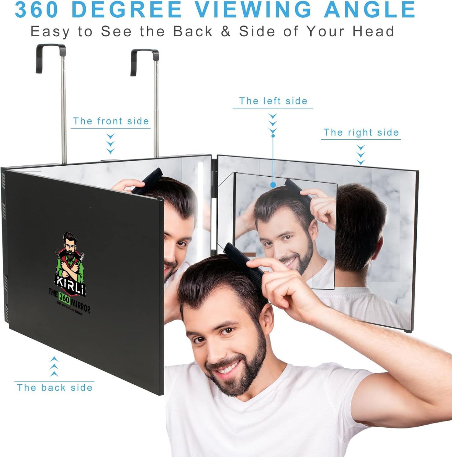 Kirli 3 Way Mirror for Self Hair Cutting – 360° with LED Lighting, Portable Trifold Mirror to See Back of Head, Adjustable Hooks, Ideal for Men & Women Styling (Black - with Led)