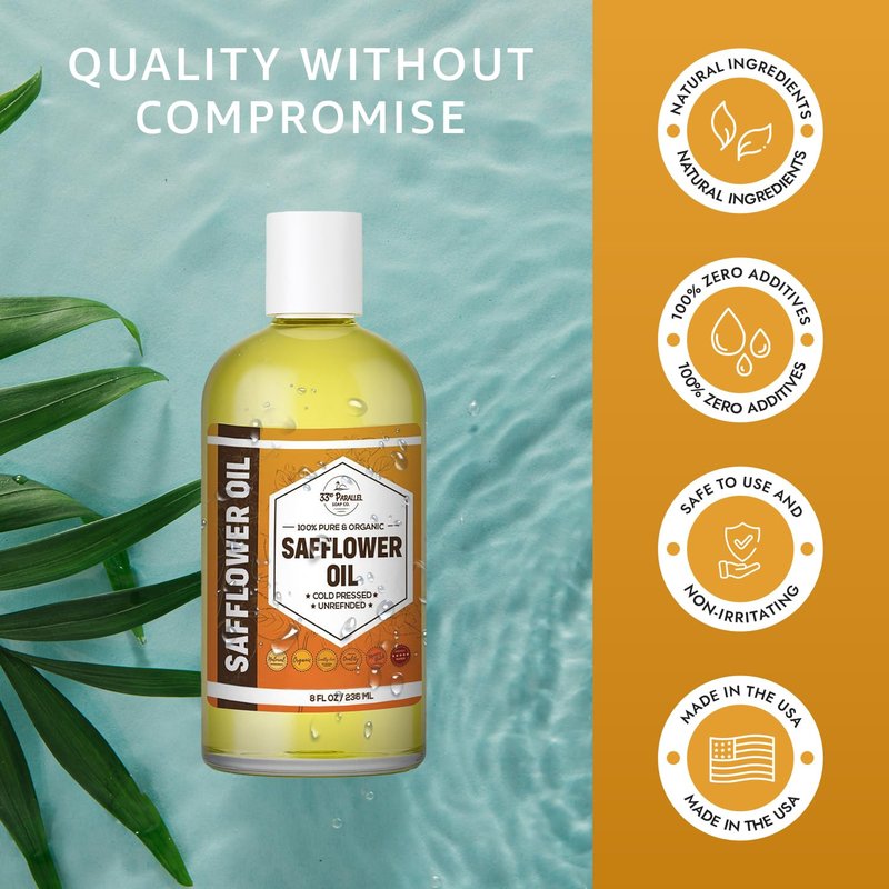 ORGANIC SAFFLOWER OIL (32 oz) Premium Cold Pressed Unrefined High Oleic 100% Pure Safflower Oil for Skin, Face, Hair, Soap Making | Carrier for Essential Oils | Available in Bulk | 32 FL OZ