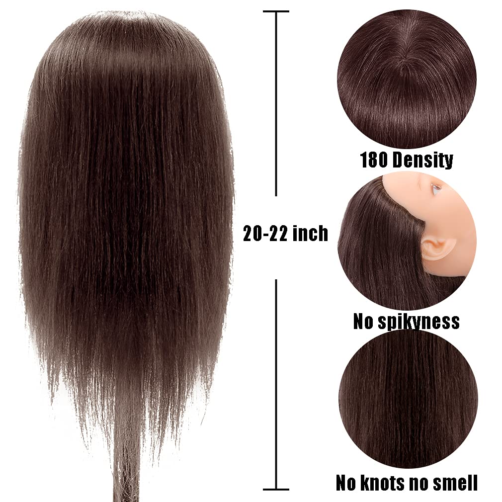 CZFY Cosmetology Mannequin Head with 100% Real Human Hair and Adjustable Stand 22-24” for Braiding Hair Styling Training Hairart Barber Hairdressing Fashion Salon Display