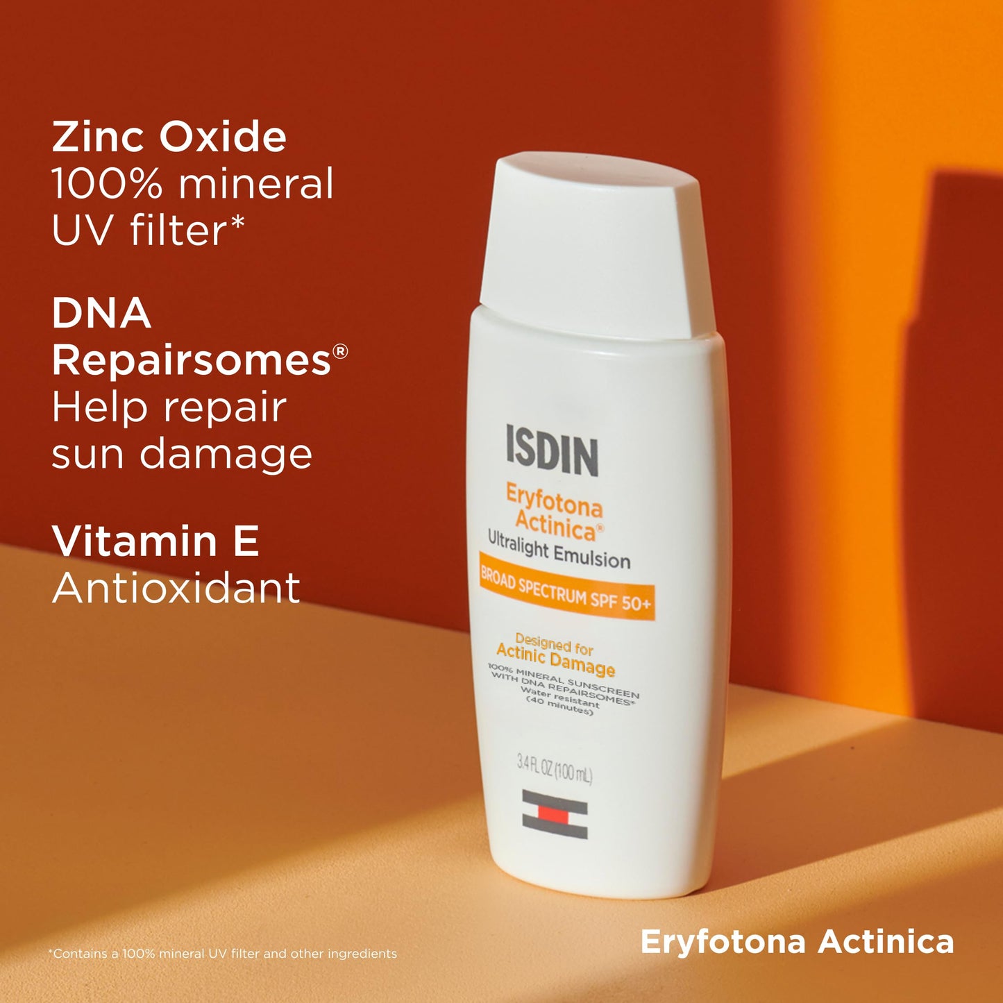 ISDIN Eryfotona Actinica SPF 50+, Mineral Sunscreen for Face with Zinc Oxide, Anti-Aging Sunscreen, No White Cast, Dermatologist Recommended, 3.4 Fl Oz