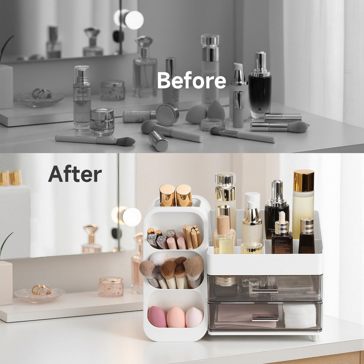 Delamu Makeup Organizer Countertop, Spacious Cosmetic Display Case with Makeup Brush Holder, Perfect Vanity Bathroom Organizer and Storage, Ideal Christmas Gifts for Women Girls, White