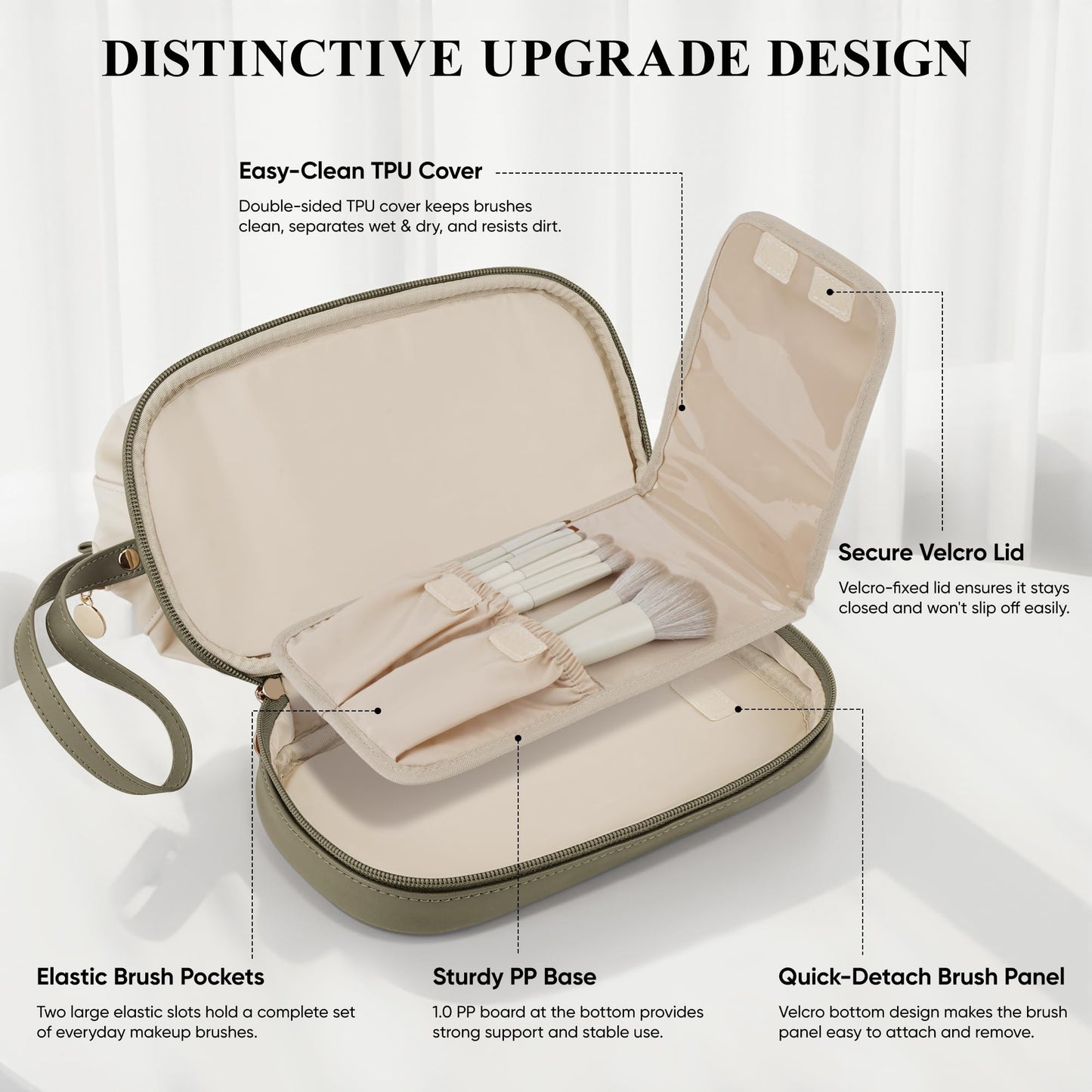 MSTONAL Travel Makeup Bag, Large Capacity Double Layer Cosmetic Bags for Women, Waterproof Portable Make Up Skincare Pouch with Makeup Brush Organizer, Toiletry Bag for Essentials, Beige & Olive Green
