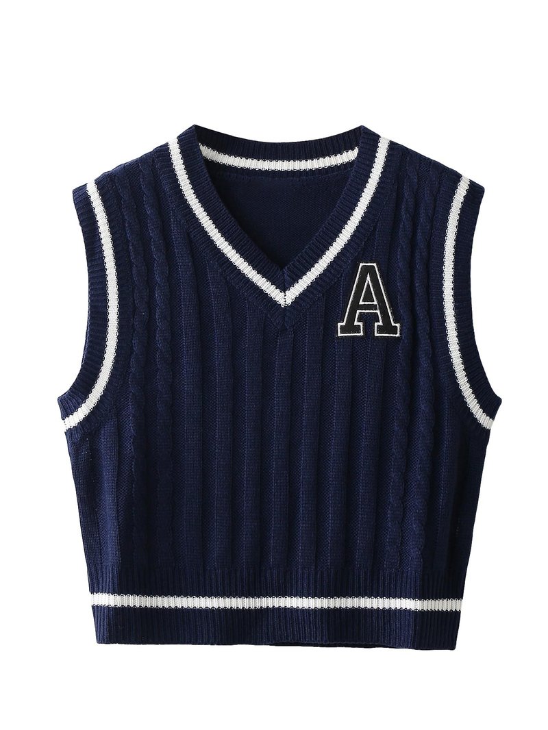 Floerns Women's V Neck Letter Striped Trim Sleeveless Sweater Vest Knit Top Navy Blue S