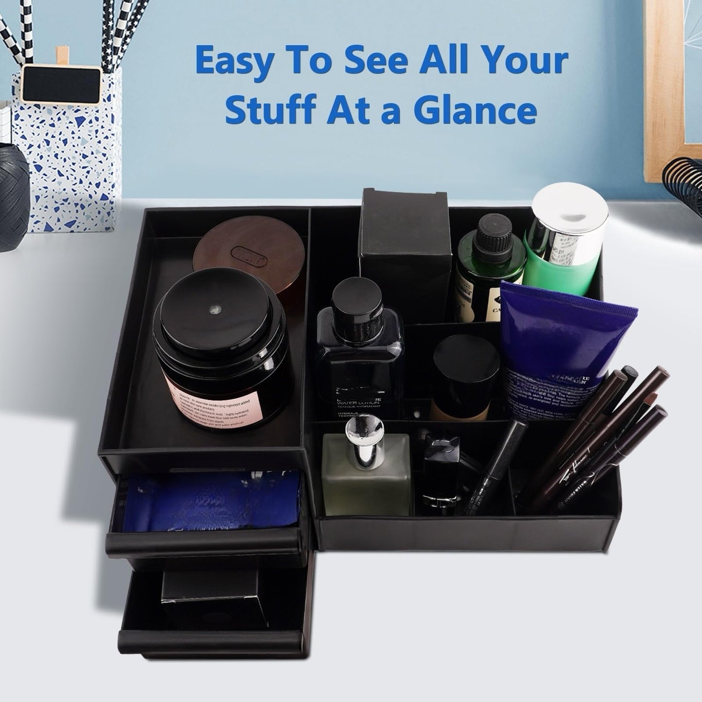 Simbuy Black Cologne Organizer for Men - Large Countertop Organizer with Drawers for Cologne, Perfume, Shaving & Skincare - Bathroom & Vanity Storage, Ideal Gift for Boyfriend, Husband, Dad & Friends