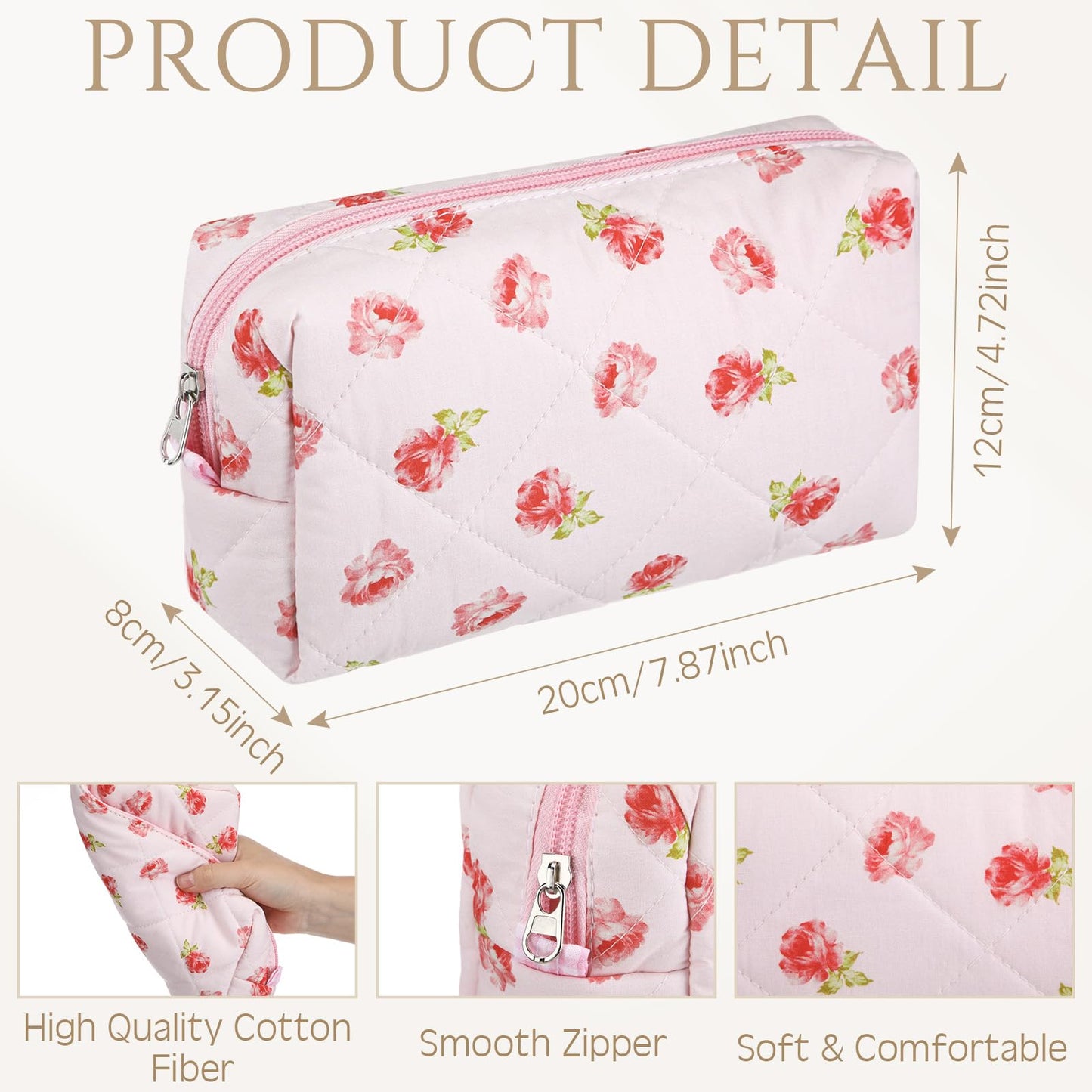 Paterr 10 Pcs Quilted Makeup Bag Bulk Cotton Floral Cosmetic Bag Women Girls Bridesmaid Gifts Cute Makeup Pouch Coquette Aesthetic Travel Toiletry Organizer(Beige Floral,7.87 x 4.72 x 3.15 Inches)