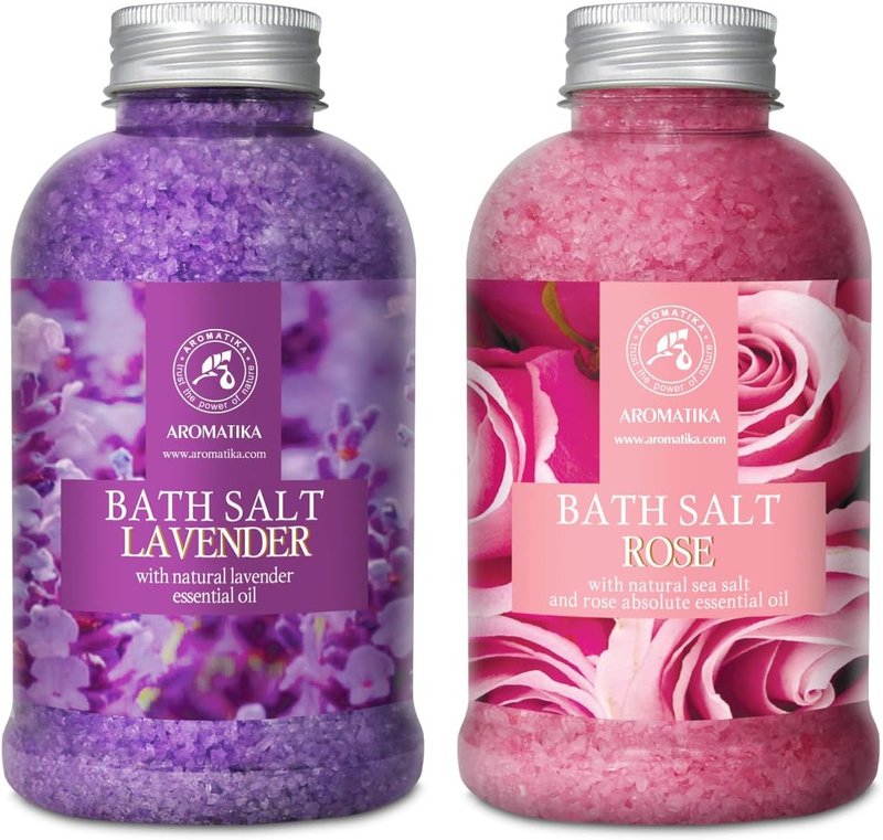 Bath Sea Salt Set - Lavender & Rose Essential Oils for Relaxation | 2 x 21.16 Oz
