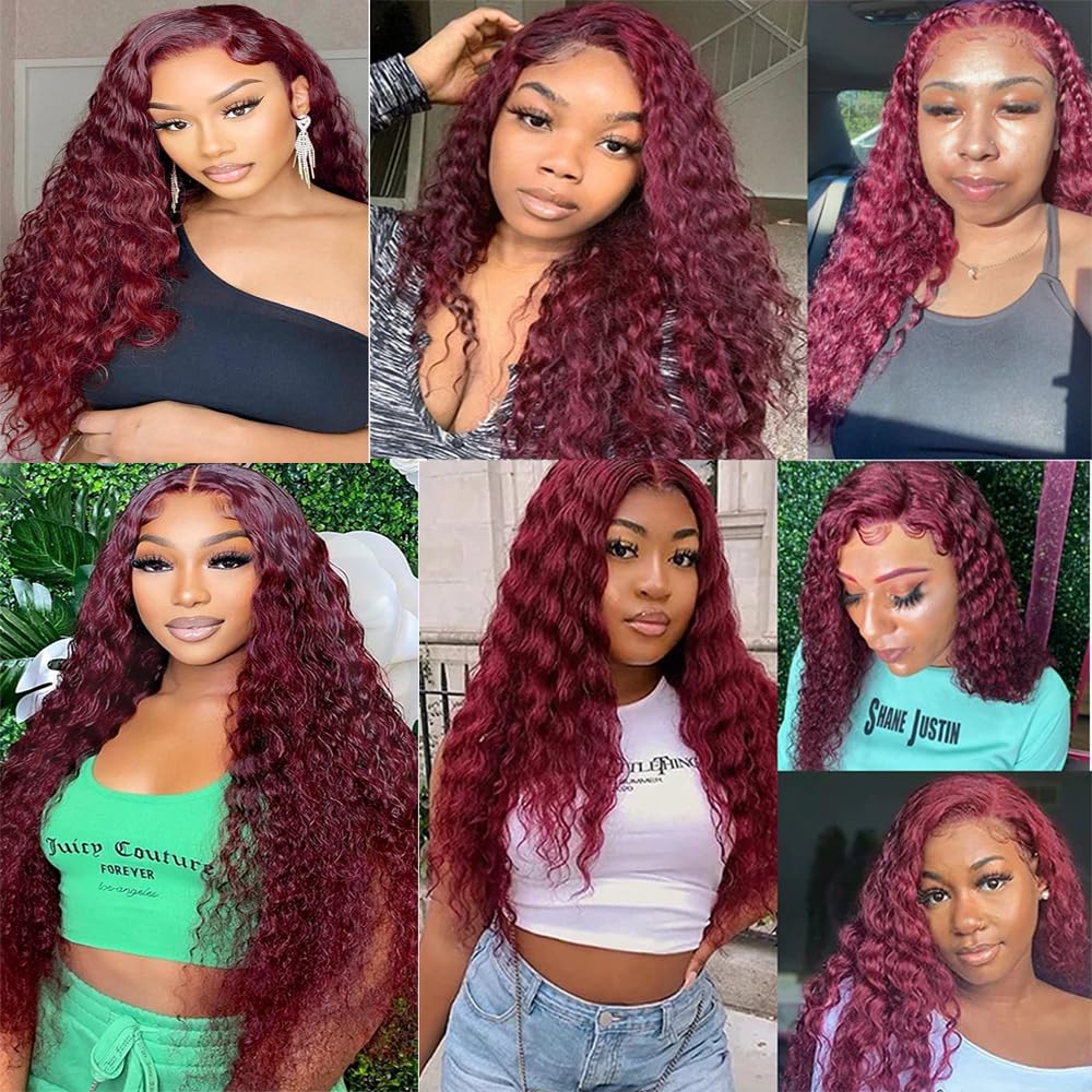 Niciitysi Color 99j Human Hair Wine Red Deep Wave Bundles 10 12 14 inch Double Weft Brazilian Hair Extensions Soft and Silky Burgundy Deep Curly Weave Bundles for Women