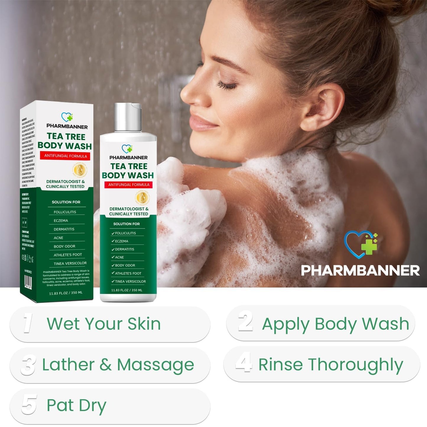 PHARMBANNER Tea Tree Antifungal Body Wash – Soothes Folliculitis, Acne, Jock Itch, Athlete’s Foot, Ringworm, Tinea Versicolor, Body Odor, Eczema & Dermatitis-Prone Skin