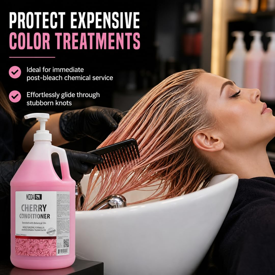 MODA Cherry Bulk Salon Conditioner Premium Back-Bar & Amenity Treatment Salon-Grade Luxury at Commercial Scale A 'set it and forget it' 1-Gallon single-SKU solution Repairs the cuticle 128 Oz