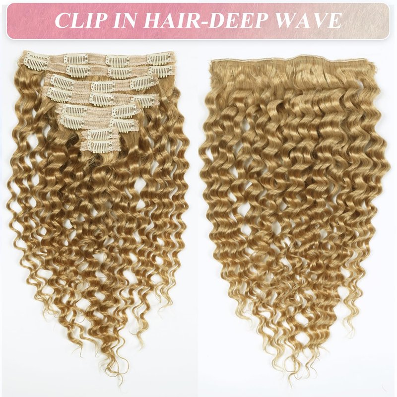 Blonde Clip in Hair Extensions Real Human Hair Deep Curly Glueless Extensions for Black Women 100g/3.5oz Remy Wear and Go 8pcs Double Wefts Invisible Seamless Clip ins Hair 14 inch Wet and Wavy