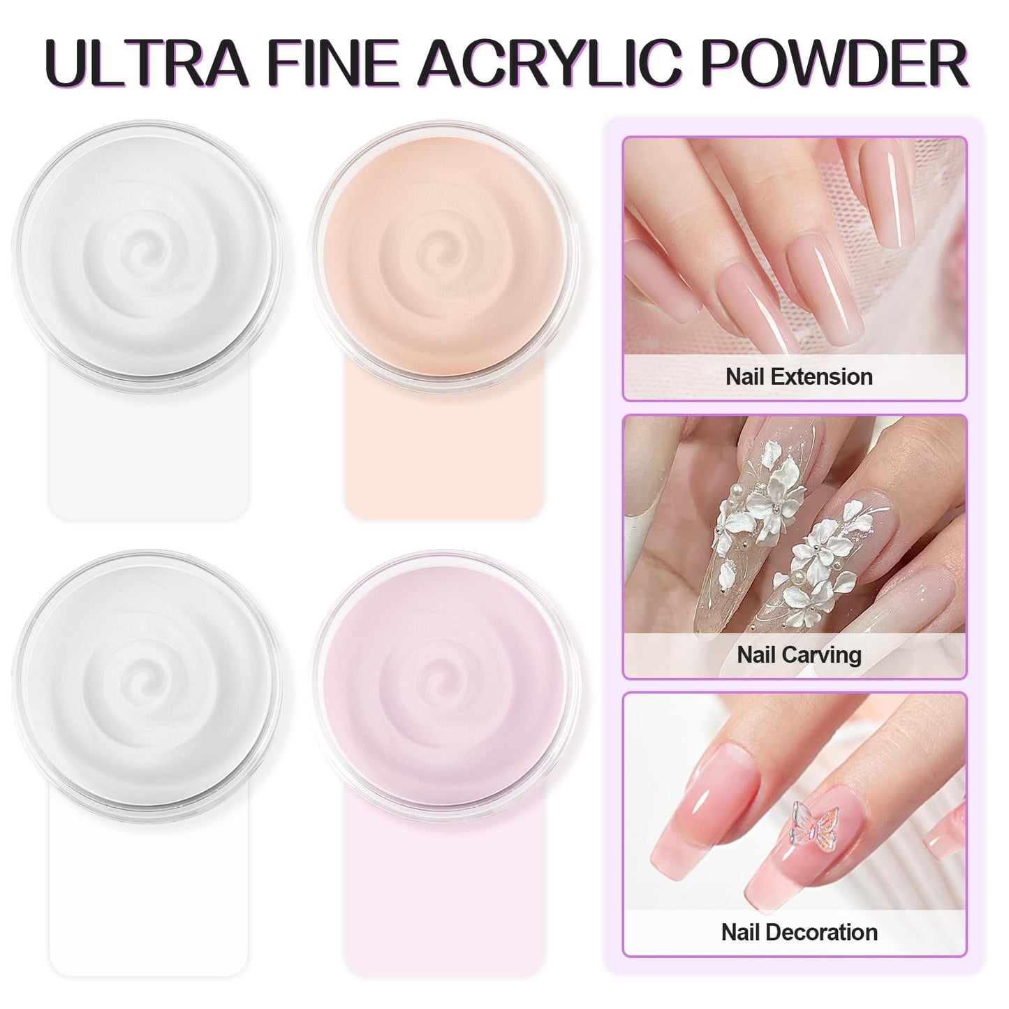 TOROKOM 4 Colors Acrylic Powder, 480g/16.93oz Acrylic Nail Powder Large Capacity Acrylic Dip Powder for Nails Acrylic Extension Powders, 3D Nail Carving, Long-Lasting, No Nails Lamp Required (4*120g)