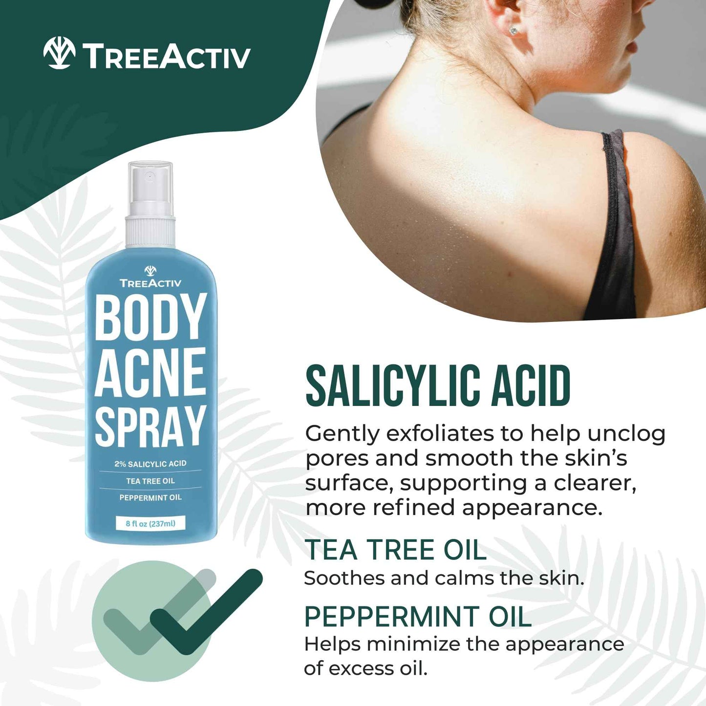 TreeActiv Body & Back Acne Treatment Original Formula, 8 fl oz, 2% Salicylic Acid, Cystic & Body Acne Spray for Chest, Shoulders & More, Bacne Treatment for Teens & Adults