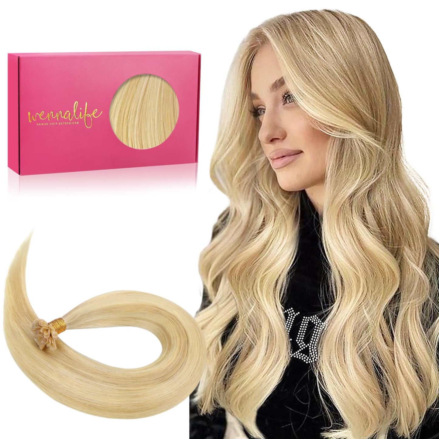 WENNALIFE U Tip Hair Extensions Real Human Hair, 50g 50s 18 Inch Light Blonde Highlighted Golden Blonde Remy Hair K Tip Invisible Straight Keratin Bond Hot Fusion Hair