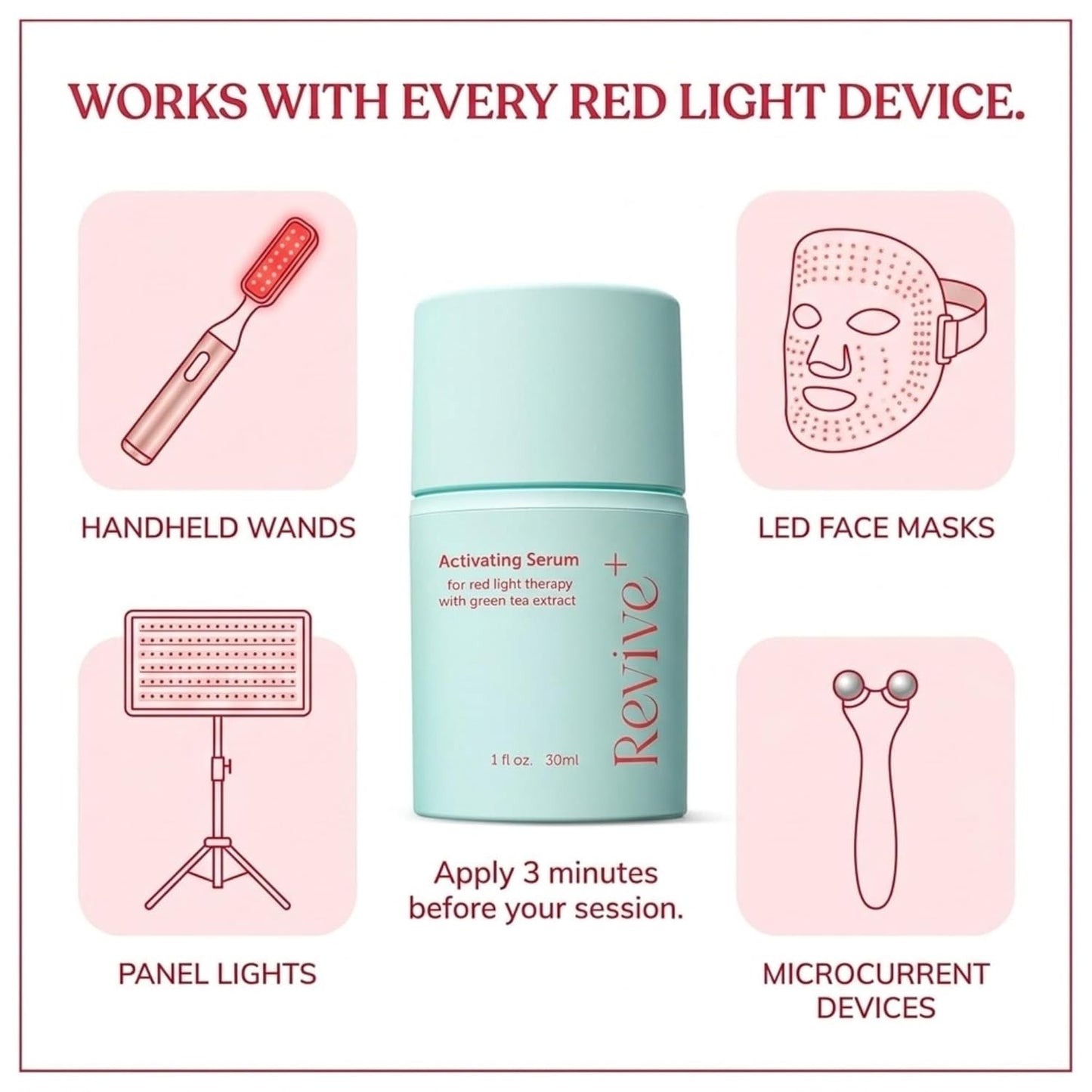 Red Light Therapy Serum for Face - Amplify Microcurrent Results | Hydrating with Green Tea & Hyaluronic Acid | 1oz